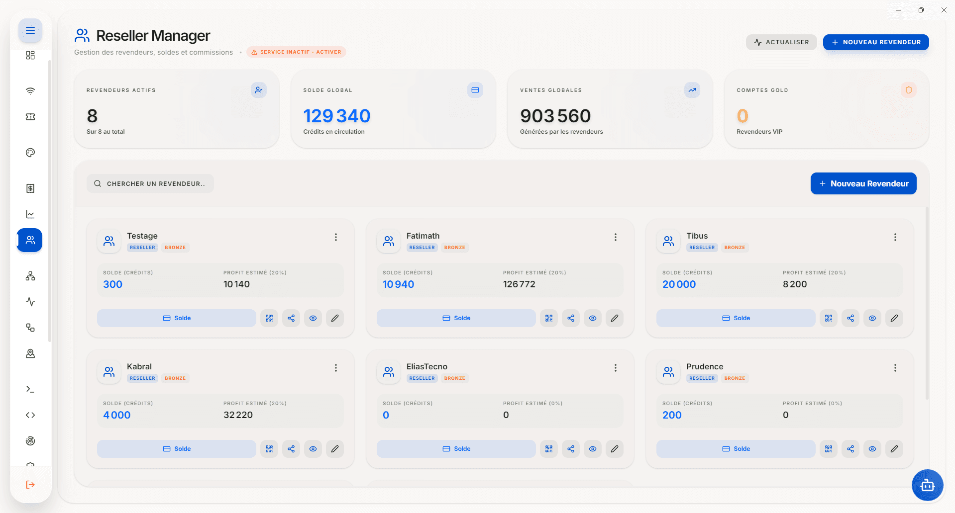 Gestionnaire de revendeurs MikhmoAI avec soldes, ventes, commissions et comptes vouchers