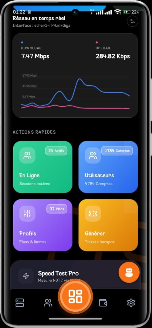 Monitoring mobile du trafic MikroTik en temps réel avec débit descendant, montant et actions rapides