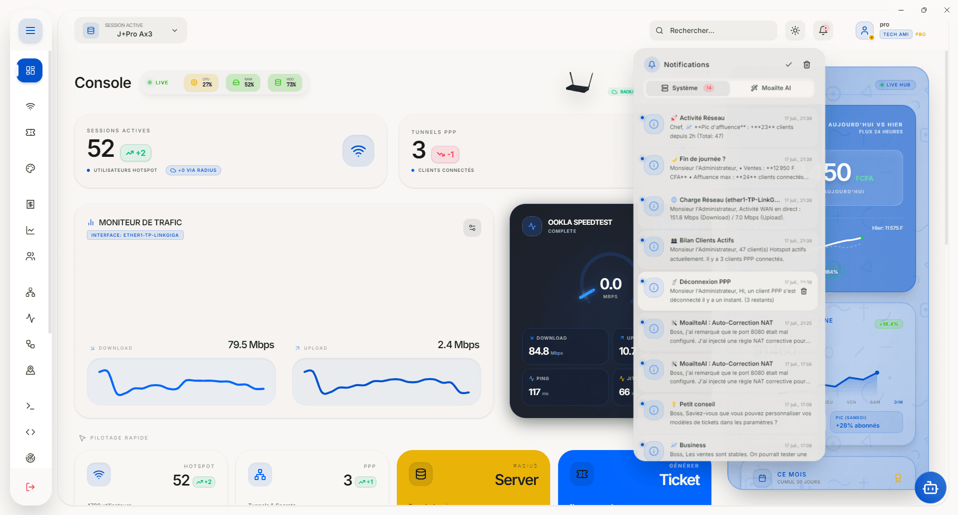 Notifications MikhmoAI avec alertes réseau, bilan clients et suggestions de correction automatique
