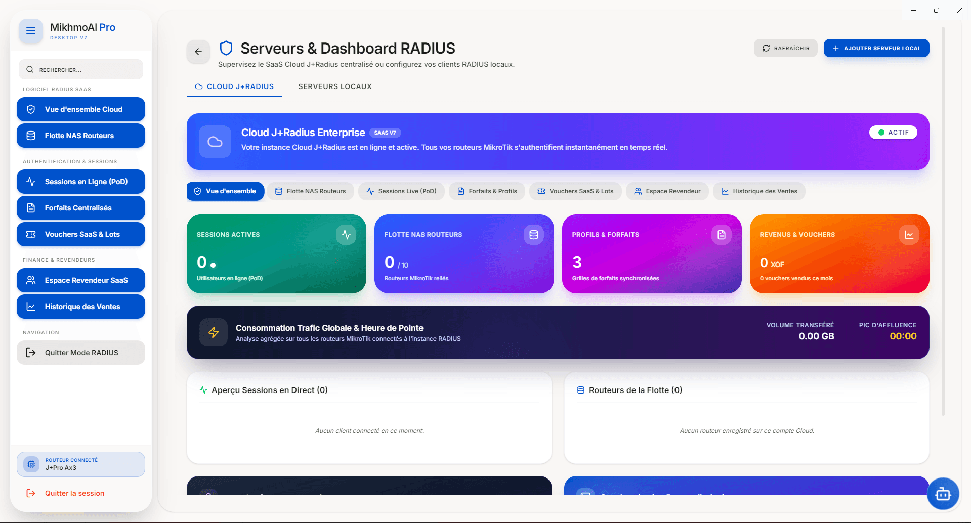 Dashboard RADIUS Cloud MikhmoAI avec flotte de routeurs NAS, sessions, profils et vouchers