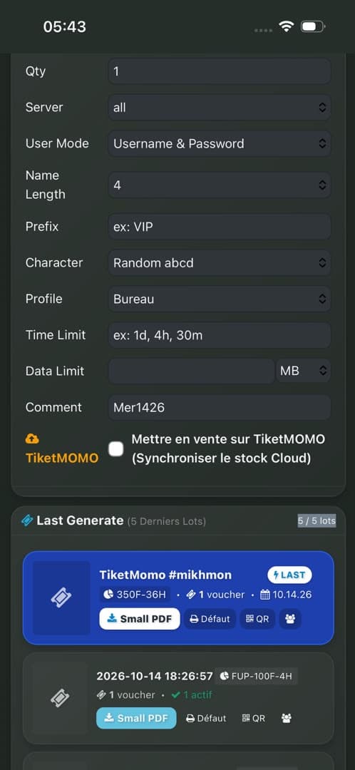 Formulaire mobile de génération de vouchers MikhmoAI avec TiketMOMO et derniers lots