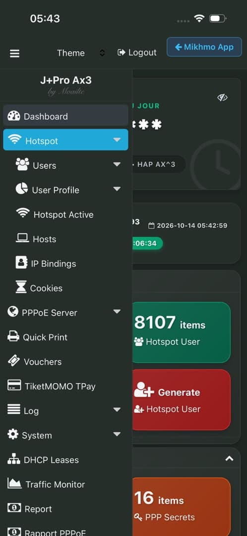 Menu mobile MikhmoAI avec navigation Hotspot, PPPoE, vouchers et rapports