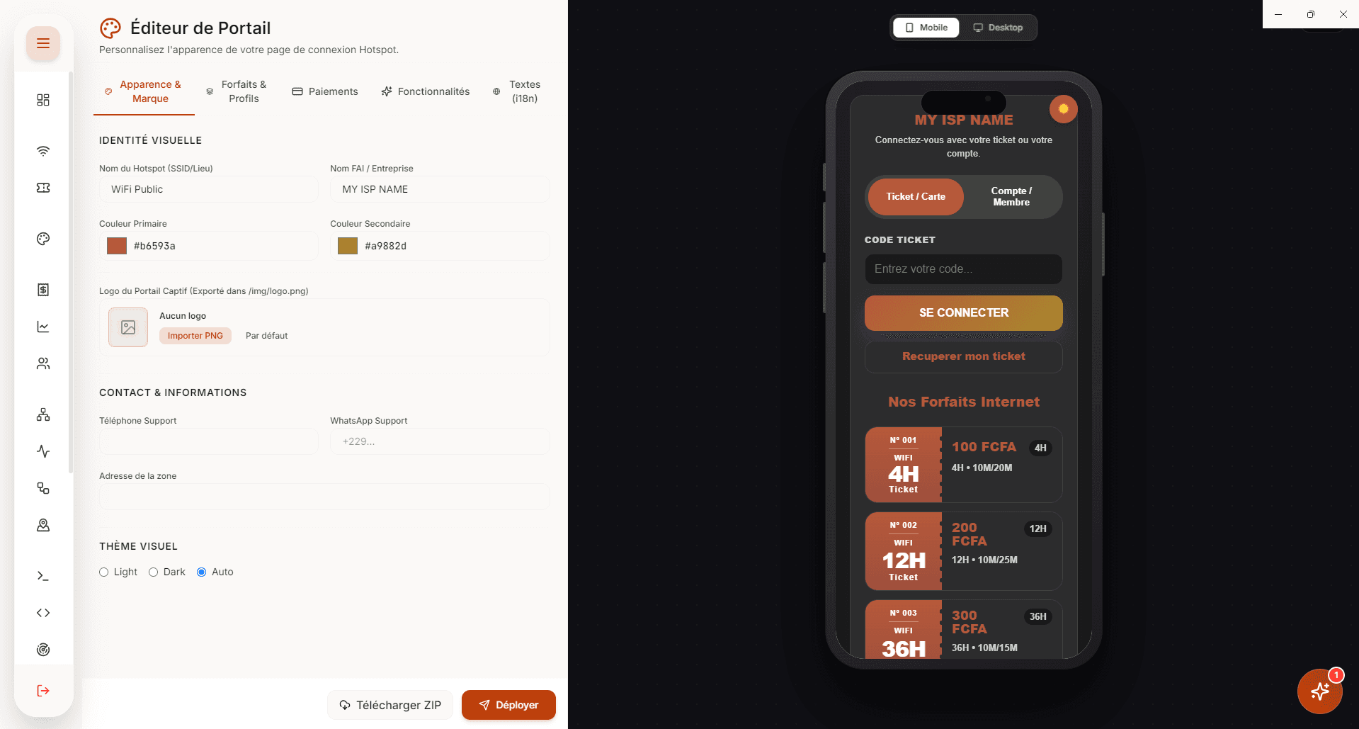 Éditeur visuel de portail captif MikroTik avec personnalisation de marque, forfaits et aperçu mobile