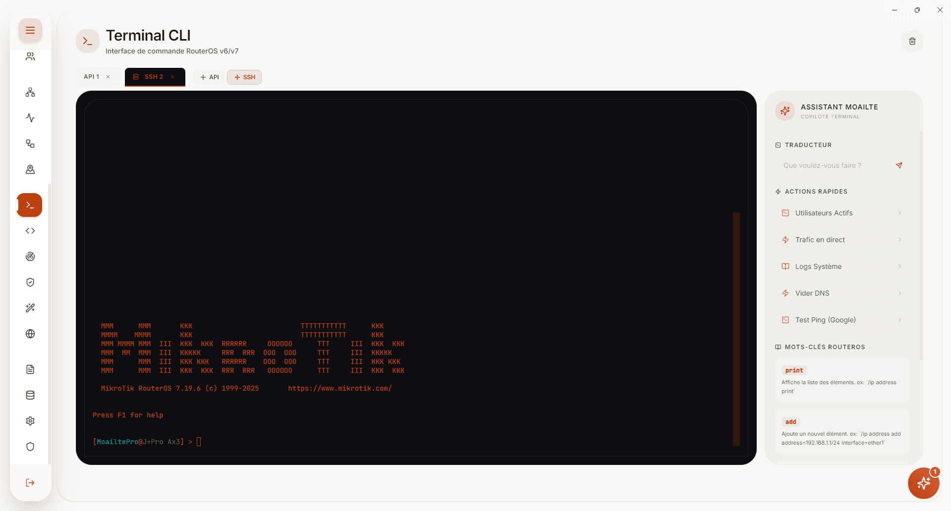 Terminal MikhmoAI Desktop pour administrer RouterOS par SSH et API