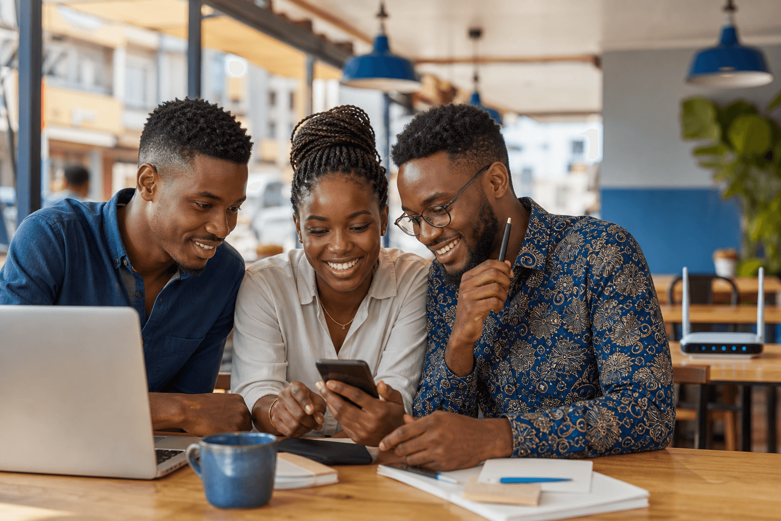 Jeunes entrepreneurs souriants utilisant MikhmoAI