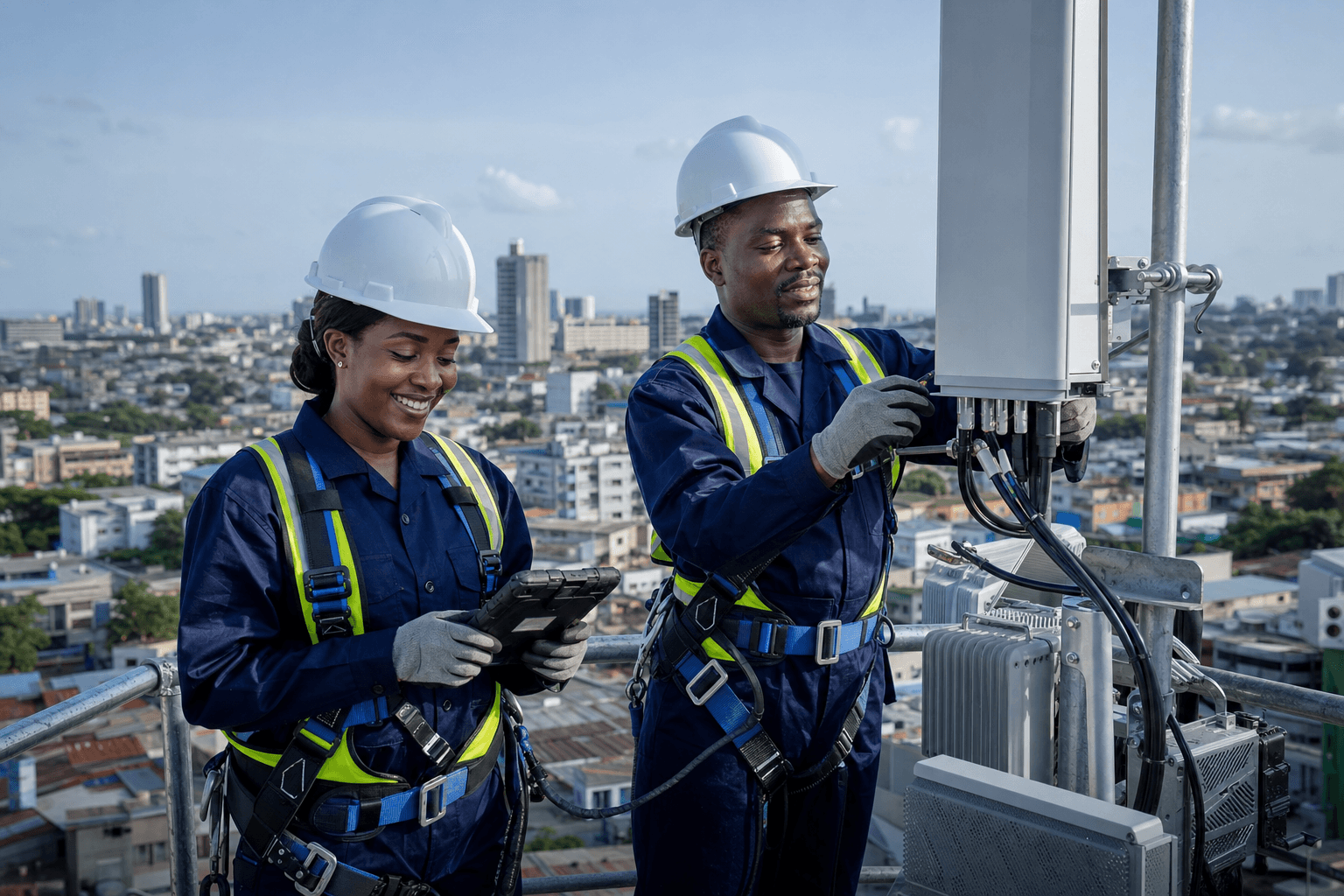 Techniciens réseau équipés sur un chantier télécom