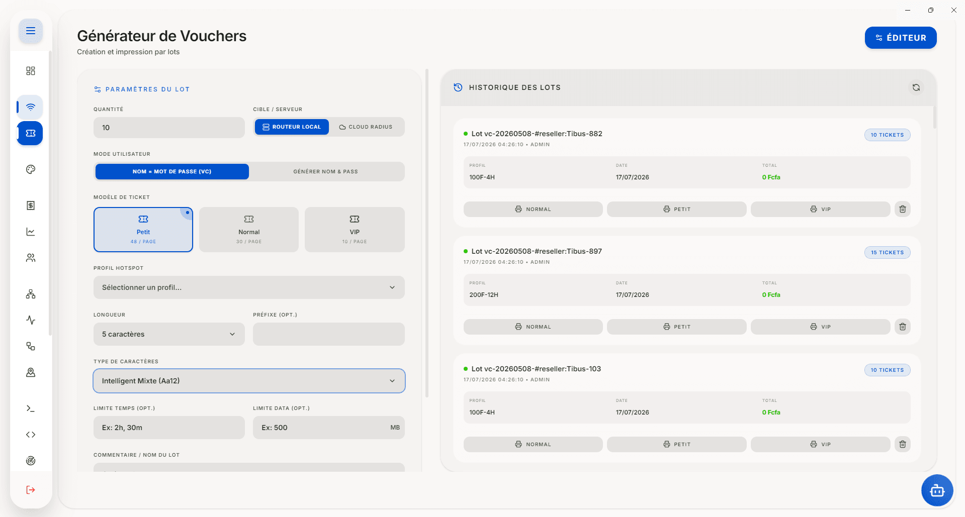 Générateur MikhmoAI Desktop de vouchers MikroTik par lots avec formats et historique