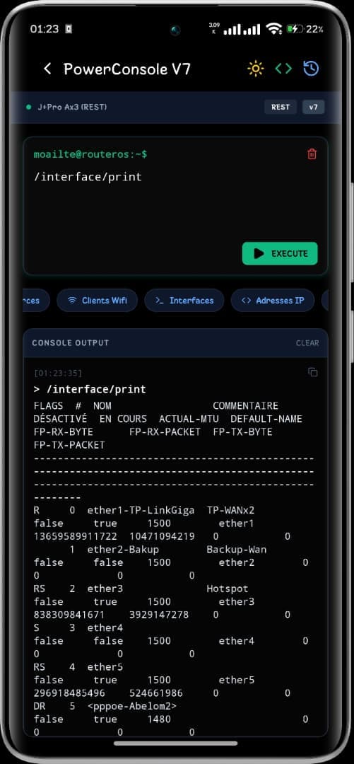 Console RouterOS V7 sur l'application mobile MikhmoAI