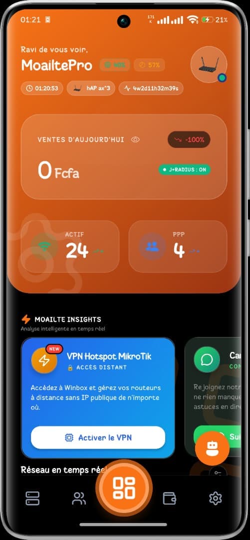 Dashboard mobile MikhmoAI avec sessions Hotspot, PPP, ventes et RADIUS