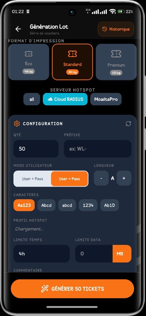 Générateur mobile de vouchers MikroTik par lots