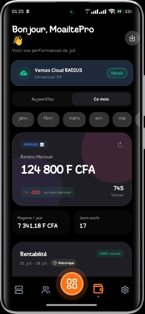 Rapports de ventes Cloud RADIUS et rentabilité sur MikhmoAI Mobile