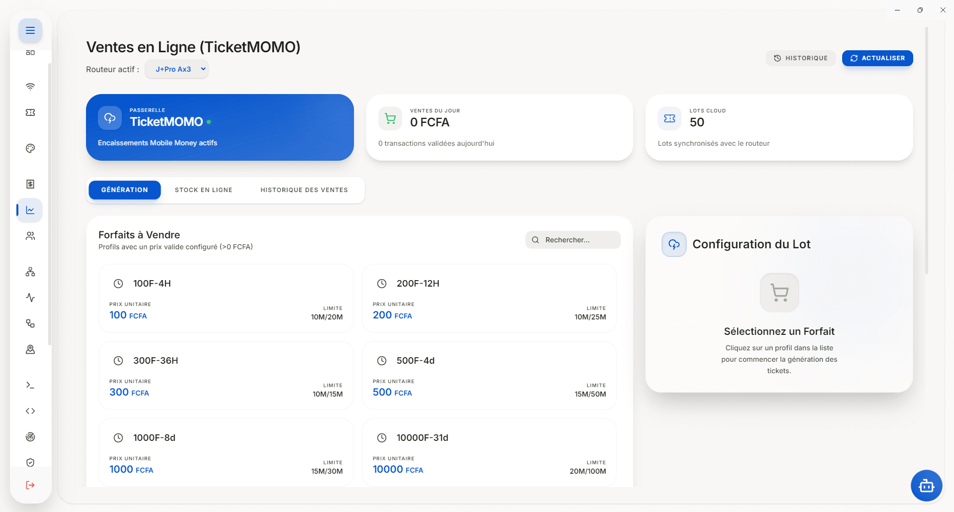Interface TicketMOMO de vente en ligne de vouchers MikroTik avec paiement Mobile Money
