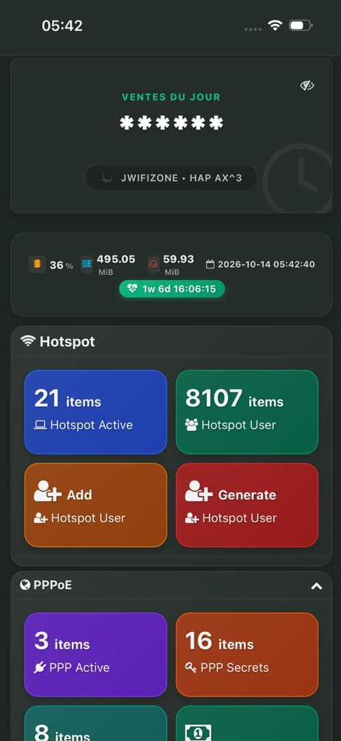 Dashboard mobile MikhmoAI Web App avec cartes Hotspot, PPPoE et statistiques routeur