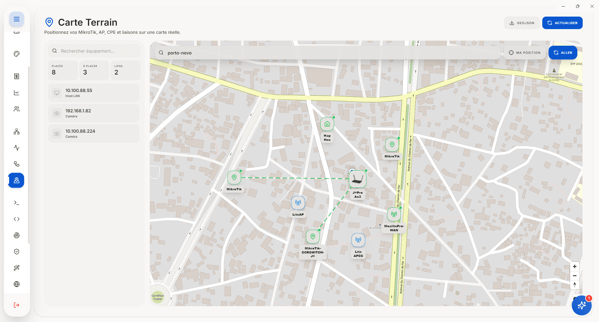 Carte terrain WISP avec équipements MikroTik, points d’accès et liaisons positionnés géographiquement