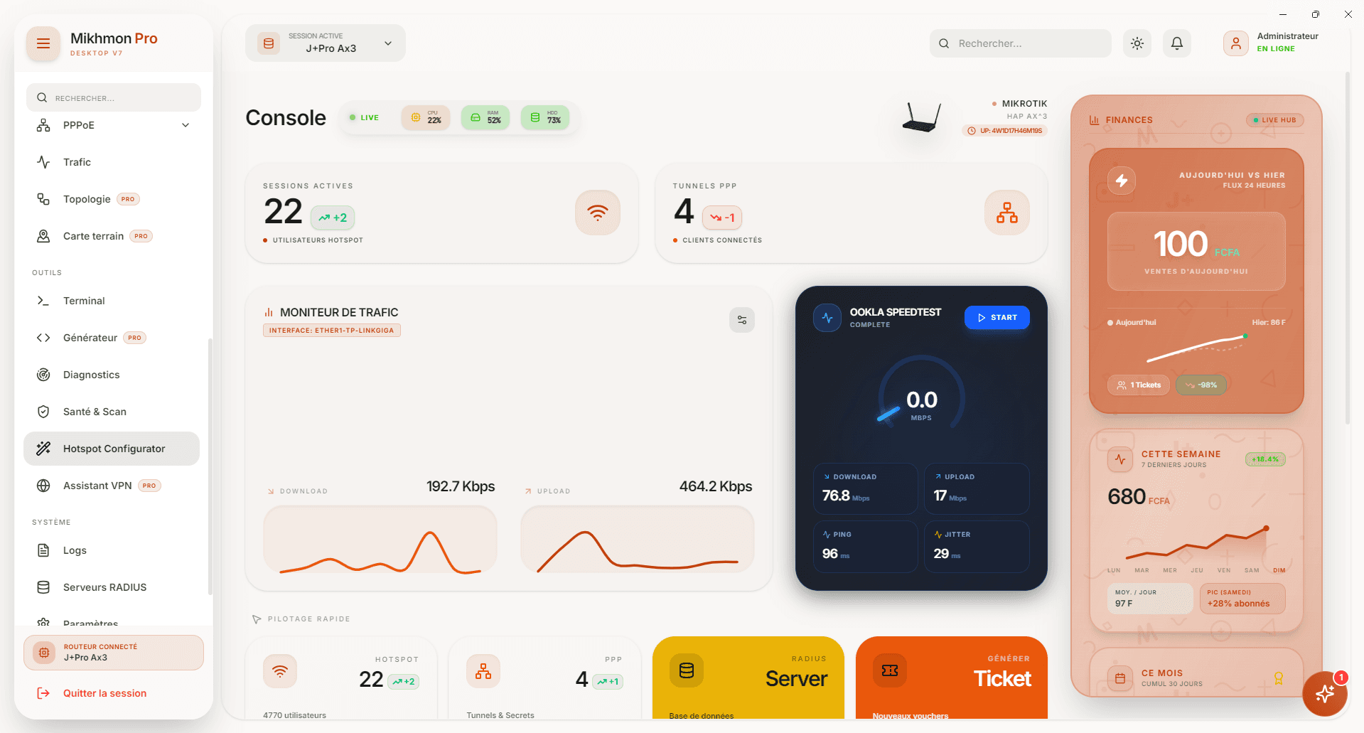 Tableau de bord MikhmoAI Desktop avec monitoring MikroTik, trafic, Hotspot et finances